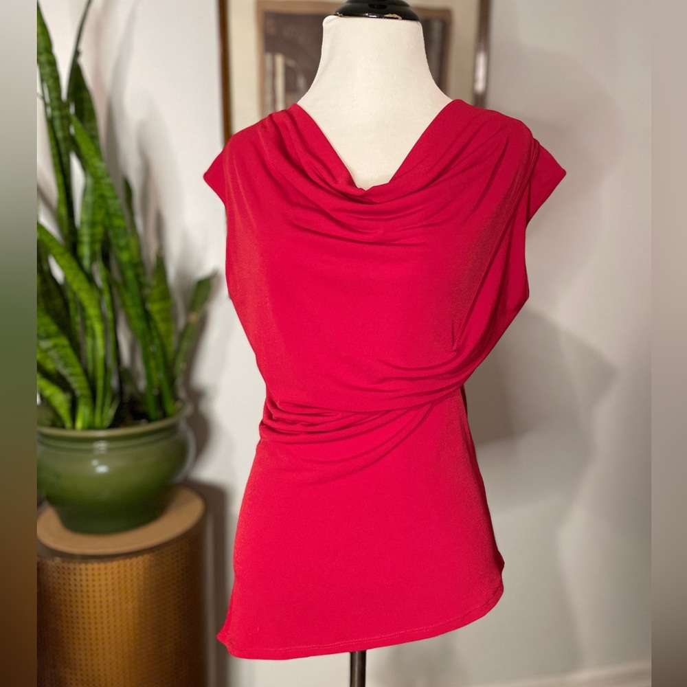 Tahari red blouse cowl neck asymmetrical